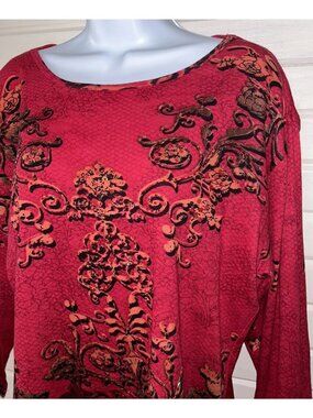 Jane Ashley Sz MEDIUM Red Scrolls Sequin Beaded Cotton 3/4 Sleeve Shirt Knit EUC